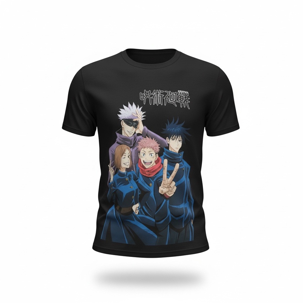 This black Jujutsu Kaisen t-shirt features a graphic print of main characters.